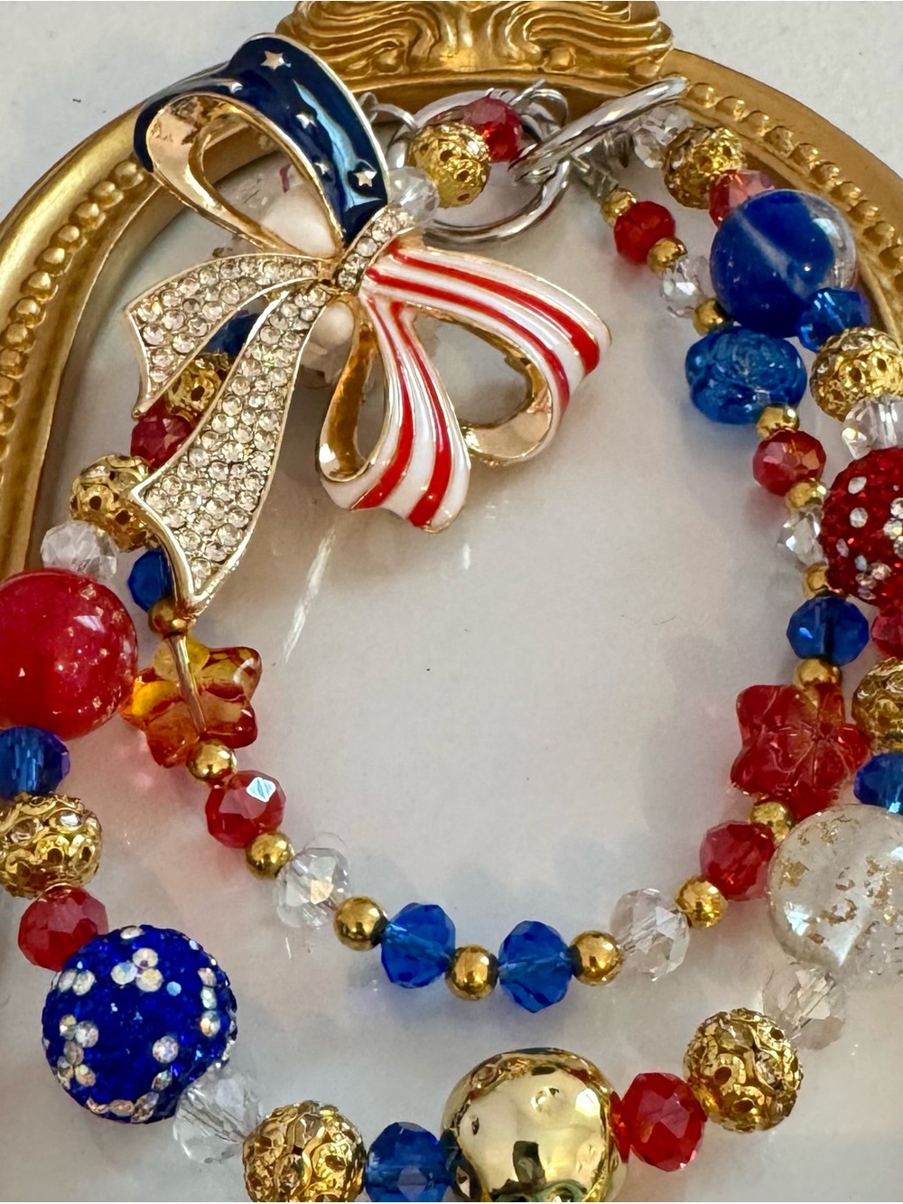 New Patriotic Red, White & Blue Crystal Bow Phone Charm/Bag Chain